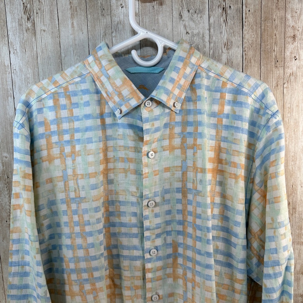 Tommy Bahama Relax 100% Linen‎ Button Down Shirt Men's Large Blue Orange Plaid - Picture 2 of 10